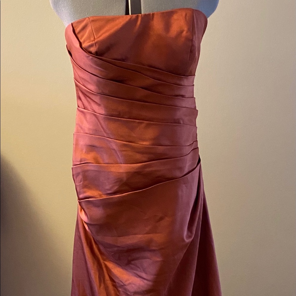 Formal floor length satin dress in burnt orange